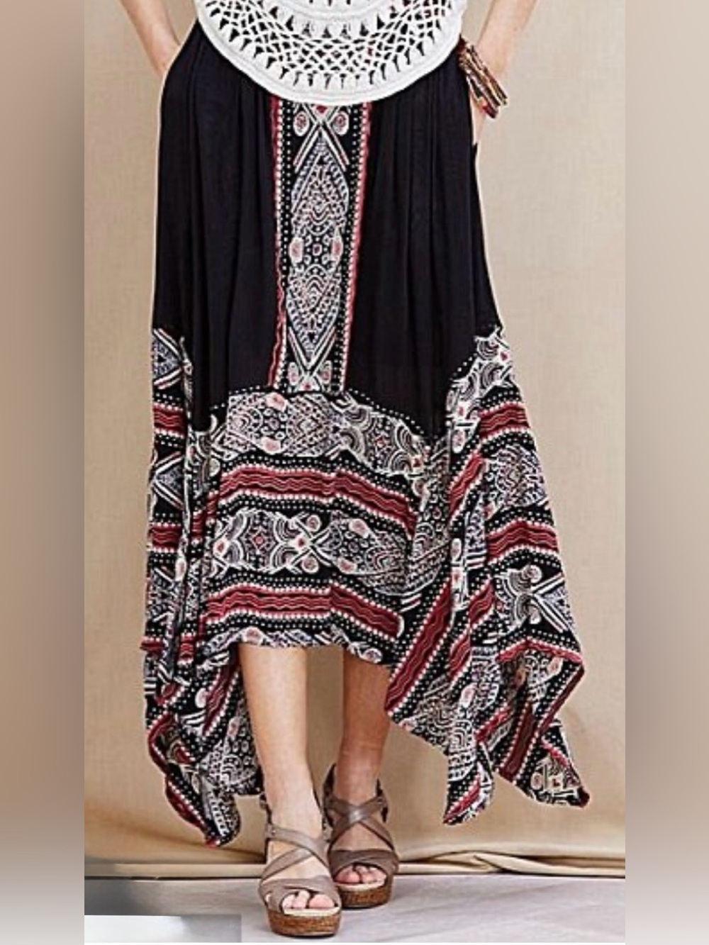 Free People Black Circle Skirt with Pink and White Embroidery